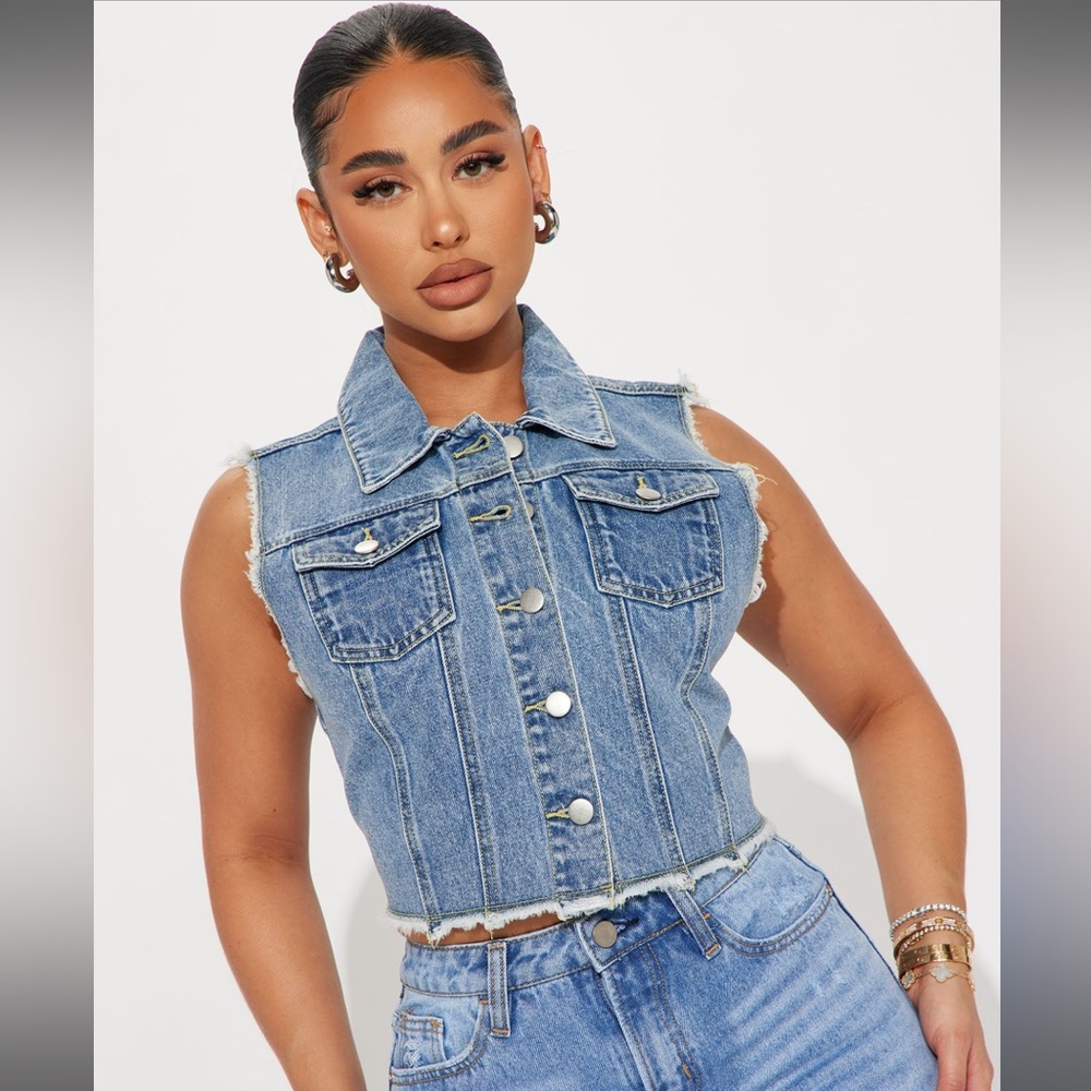 Fashion Nova American Dream Cropped Denim Vest - Medium Blue Wash